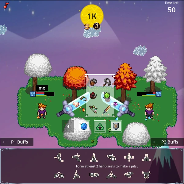NinjaNoJutsu skill-based PvP arena gameplay on Solana — 1v1 crypto battle interface with hand-seal combination system, match timer, and player stats. Zero house edge, provably fair combat.
